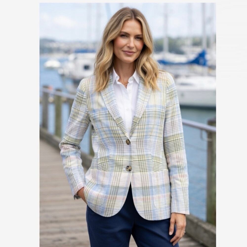 Talbots Linen cotton blend Blazer Pastel Plaid Sz 4 classic chic Coastal Jacket - Picture 5 of 11